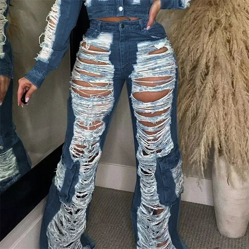 Trend Hollow Out Broken Holes Jeans Women Fashion Leg Patchwork Pocket Denim Pants Female High Waist Trousers Casual Streetwear DEEP BLUE