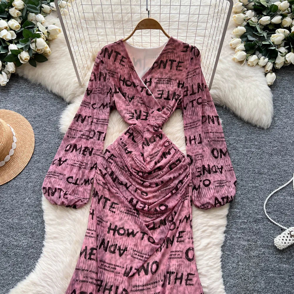 Chic vintage long sleeve Criss-Cross print pleated Elegant Fairy korean fashion dress women clothing Long dress