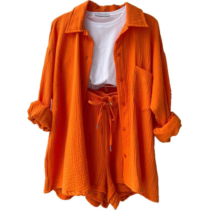 Short Sets Women Tracksuit Single Breasted Cardigan Blouses Two Pieces Shorts Loose Button High Street Solid Pockets Folds orange