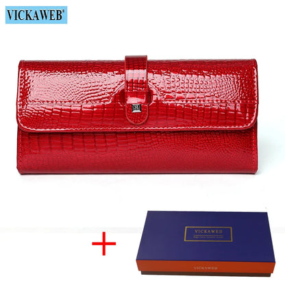 Free Gift Women Leather Wallet Long Ladies 3 Folders Clutch Money Bag Design Purse Fashion AE605-25 Red Wallet and Box