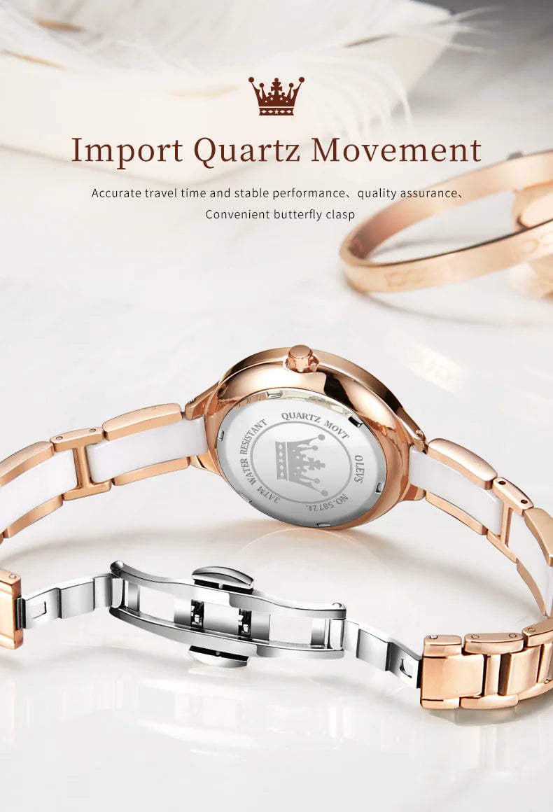 OLEVS 5872 Women Watch Elegant Luxury Original Quartz Watch Waterproof Luminous Ceramic Strap Watches For Women Bracelet Set