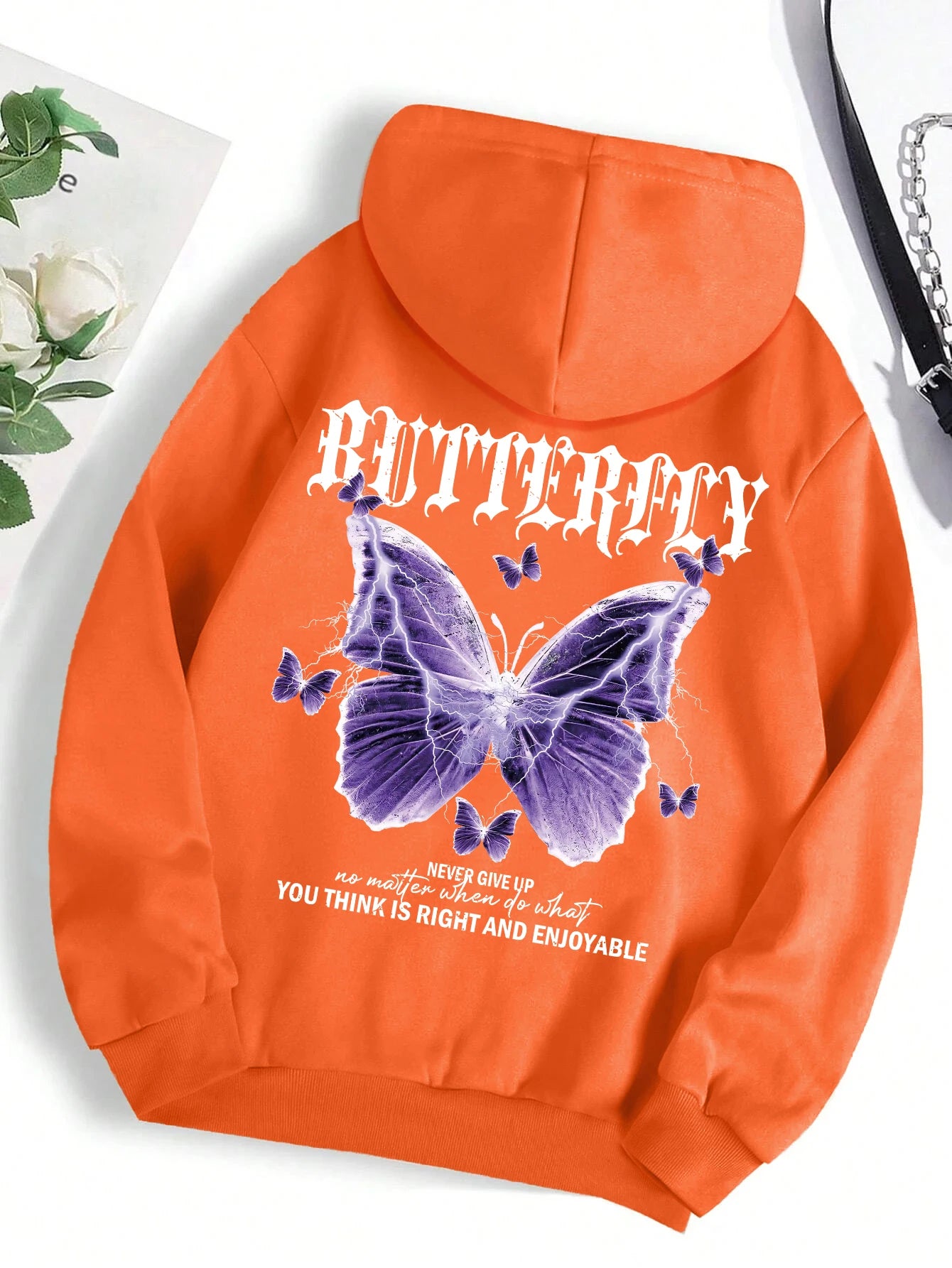Beautiful Purple Butterfly Printing Hoodies Women Fleece Pocket Hoody Simple Casual Hoodie Autumn Loose Female Streetwear Orange