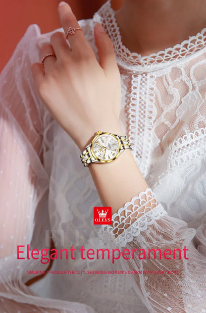 OLEVS 2910 Original Quartz Watches for Women Rhombus Steel Strap Waterproof Luminous Calendar Elegant Luxury Ladies Wristwatches