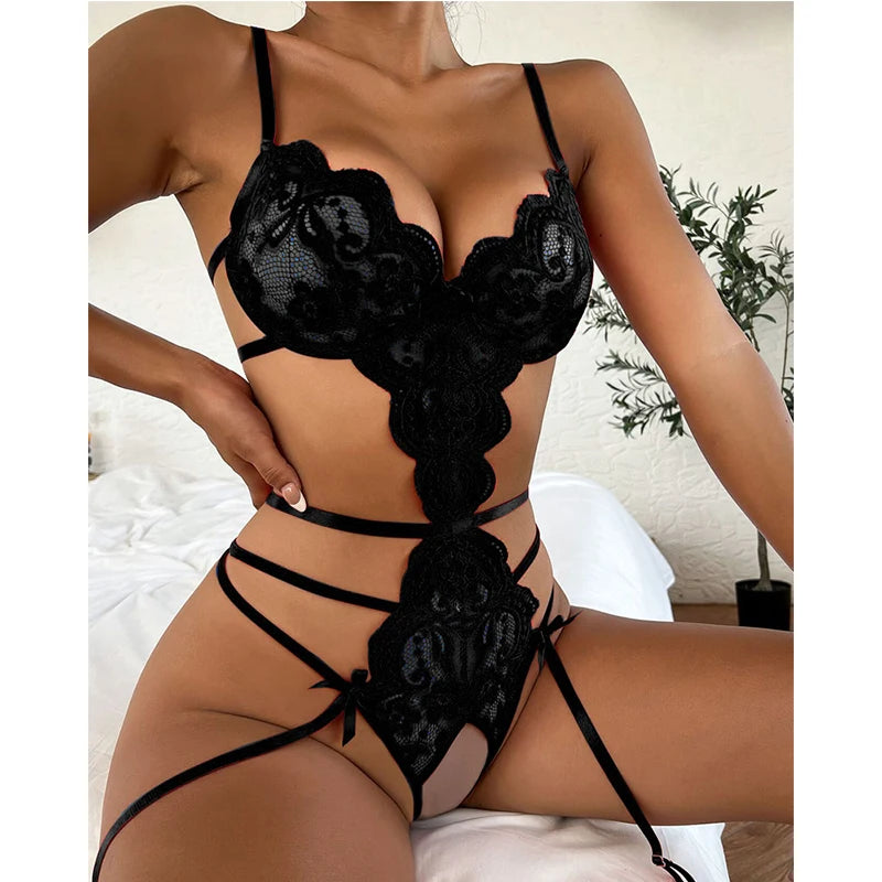 Exotic Lingerie Sexy Floral Lace Underwear Erotic Open Crotch Babydoll Plus Size Women Porn Bra Set Bowknot Pajamas Nightwear BS162-black