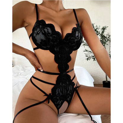 Exotic Lingerie Sexy Floral Lace Underwear Erotic Open Crotch Babydoll Plus Size Women Porn Bra Set Bowknot Pajamas Nightwear BS162-black