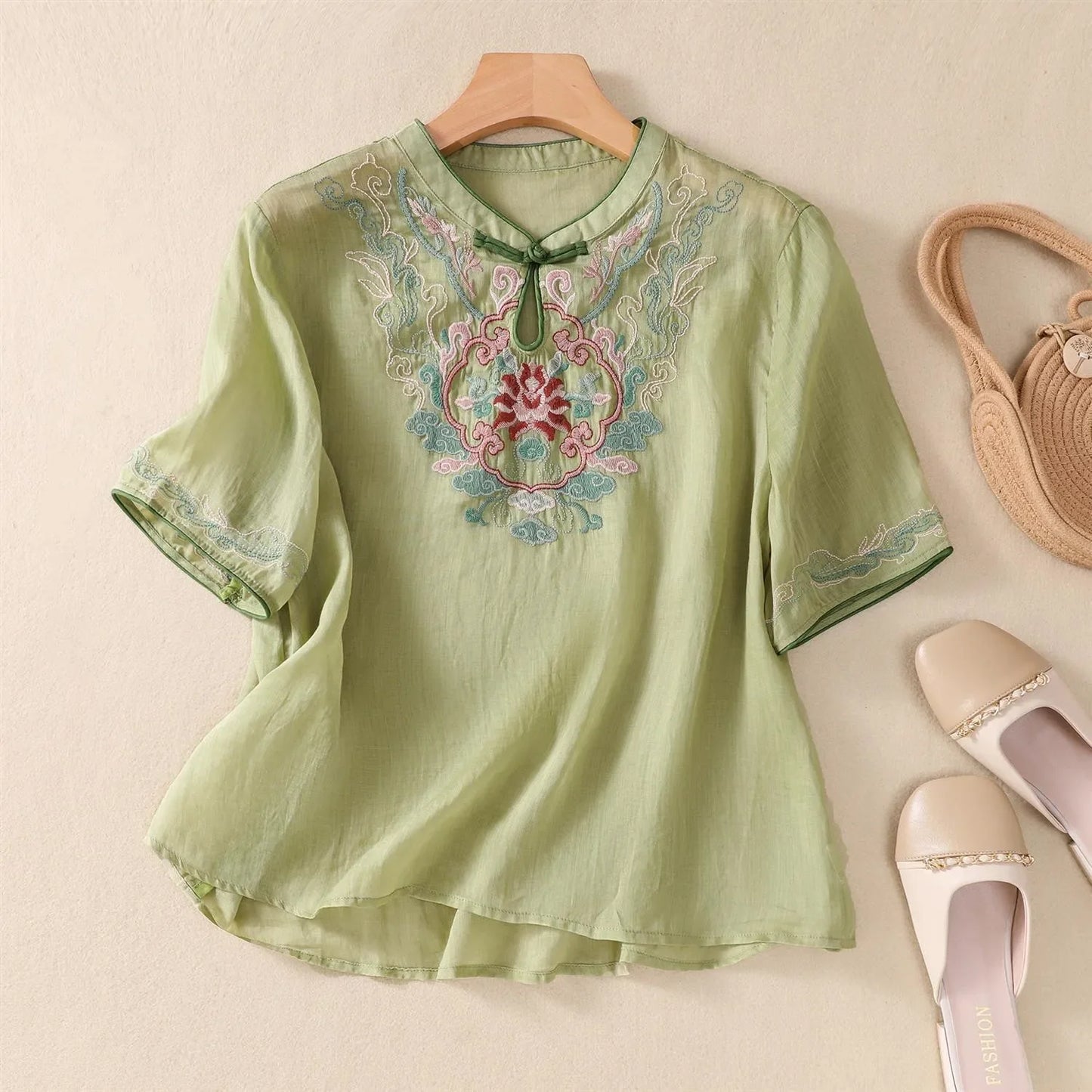 Thin Streetwear Vintage Clothes Ethnic Style Cotton Linen Shirts for Women Clothing Top Tshirt Tees Fashion Casual Embroidery green-C