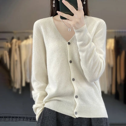 100 Merino Wool Knitted V-neck Sweater Women's Top Loose Korean Version Fashionable Versatile Autumn And Winter Cashmere Sweater WQ015 bai