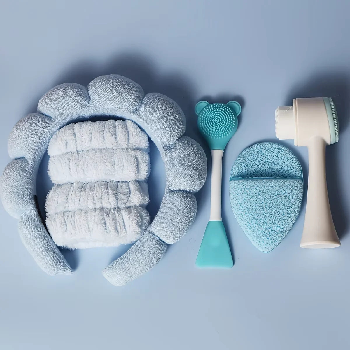 7-piece makeup and face wash beauty set, including 3 headband sets, 1 cosmetic bag, 2 face wash brushes and 1 powder puff Badiee Stylez