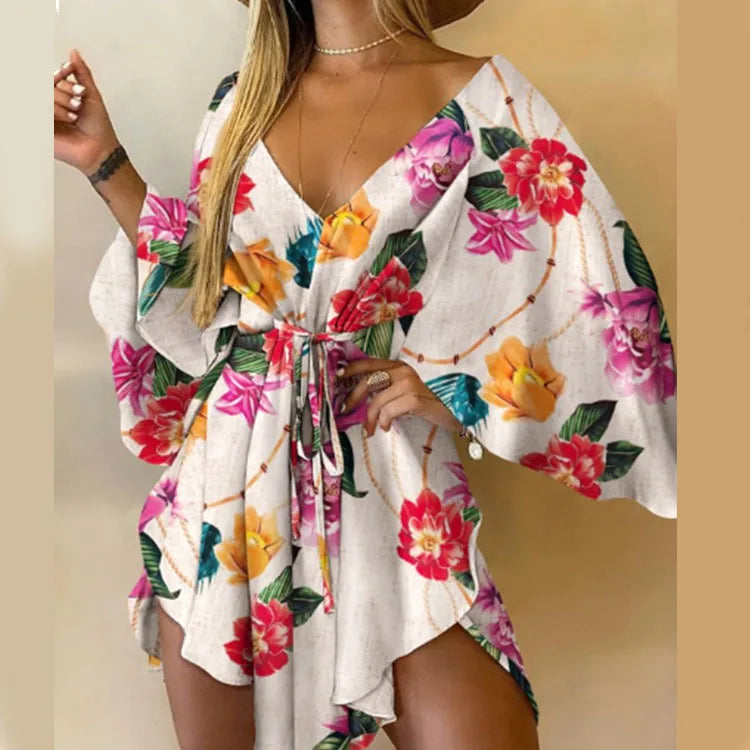 Women Print Dress Sexy V-Neck Bat Sleeve Ruffl Flowers Print Bohemian Beach Sundress Ladies Loose Summer Vacation Mini Dresses Fuchsia