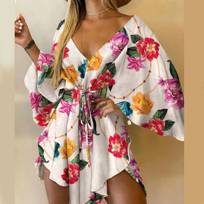 Women Print Dress Sexy V-Neck Bat Sleeve Ruffl Flowers Print Bohemian Beach Sundress Ladies Loose Summer Vacation Mini Dresses Fuchsia