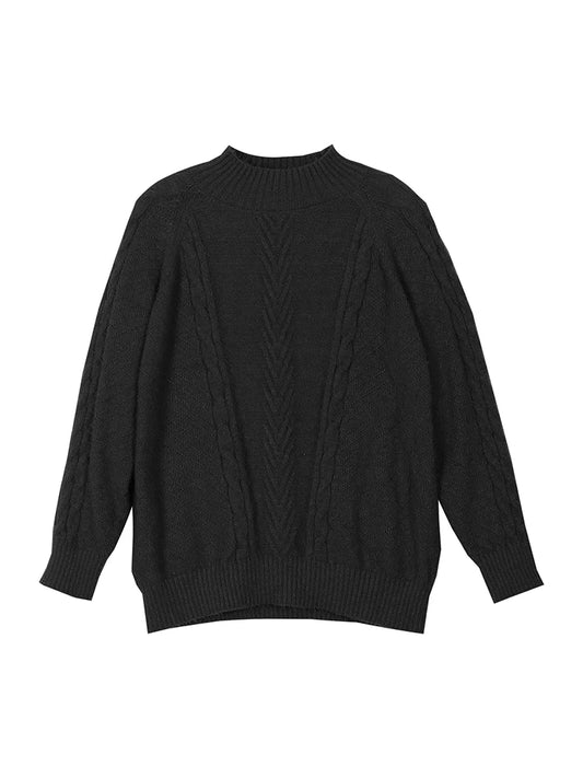Plus Size Stranded Knit Ribbed Pullover Sweater Casual Solid High Neck Long Sleeve Sweater Suitable for Autumn and Winter