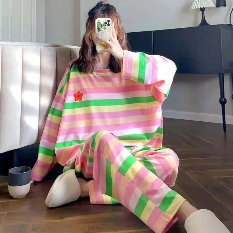100KG Plus Size Korean Long Sleeved Pajamas Set Women Autumn Student Girls Rainbow Loungewear Can Be Worn Outside Loose Clothes