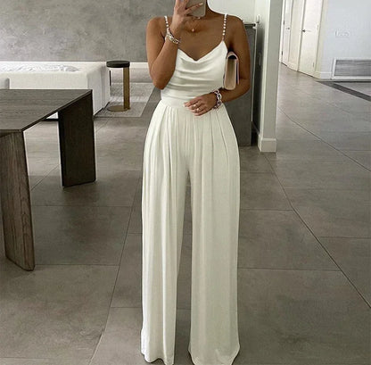 Sleeveless Jump Suits for Women Streetwear 2023 Autumn Pearl Suspender Wide Leg V-neck Backless Long Pants Jumpsuits of Female Badiee Stylez