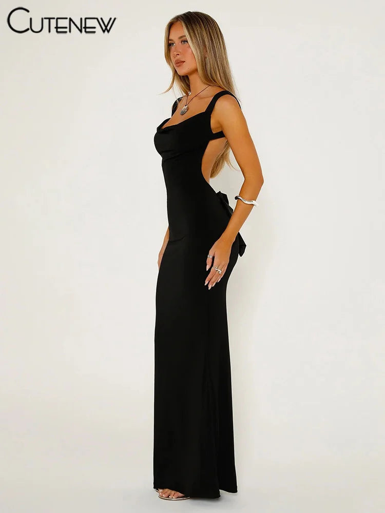 Cutenew Women's Elegant Solid Maxi Dress Sexy Halter Spaghetti Lady Long Dresses Bowknot Lace-up Girl Backless Female Party Robe Black