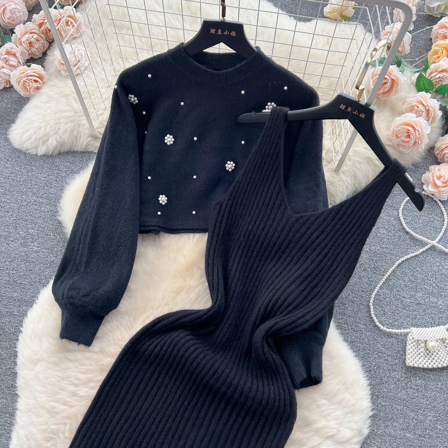 SINGREINY Beading Casual Two Piece Set Women Long Sleeve O Neck Pullover Midi Dress Fashion 2023 Winter Sweater Suit Dresses Badiee Stylez