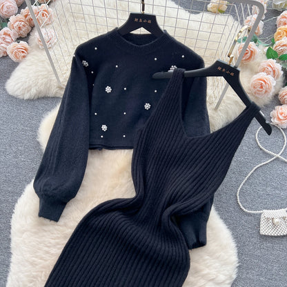 SINGREINY Beading Casual Two Piece Set Women Long Sleeve O Neck Pullover Midi Dress Fashion 2023 Winter Sweater Suit Dresses Badiee Stylez