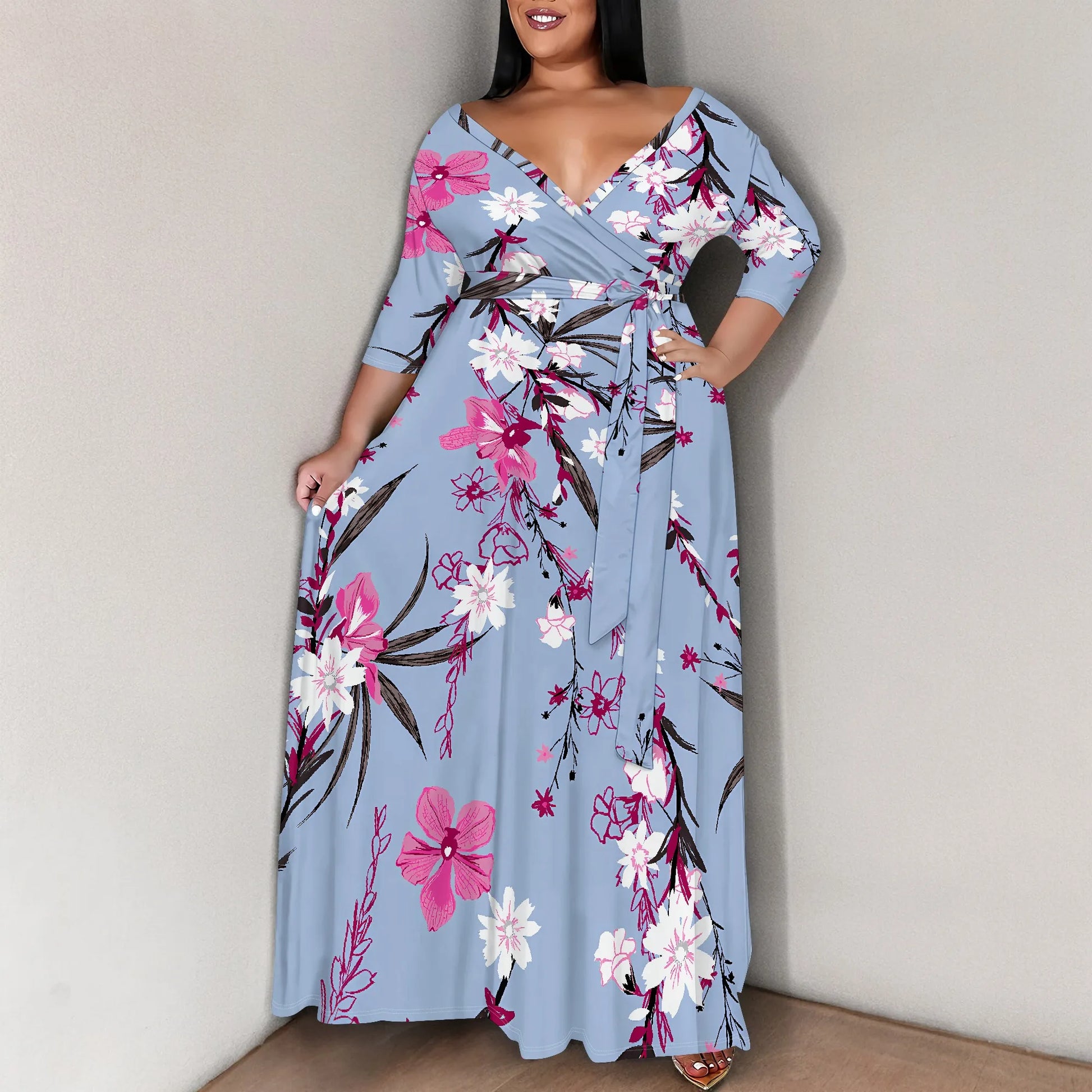 Plus Size Dress for Women - 3/4 Sleeve V-Neck Maxi Dress for Women with Belt and Pockets