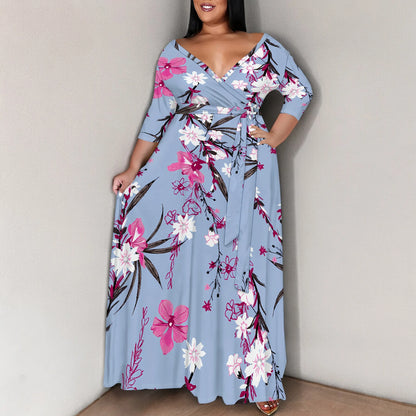 Plus Size Dress for Women - 3/4 Sleeve V-Neck Maxi Dress for Women with Belt and Pockets