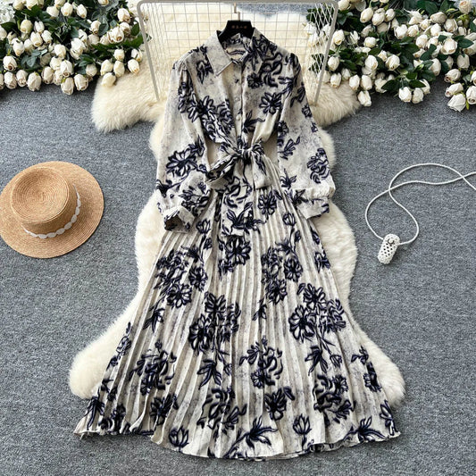 Chic vintage long sleeve turn-down collar button pleated Elegant Fairy korean fashion Boho women clothing Long dress Apricot Black Flower One Size