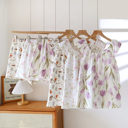 2025 Women's New Summer Pajama Set 100% Cotton Crepe Vest+Shorts Two Piece Loose Home Clothing Set Sleepwear Ladies