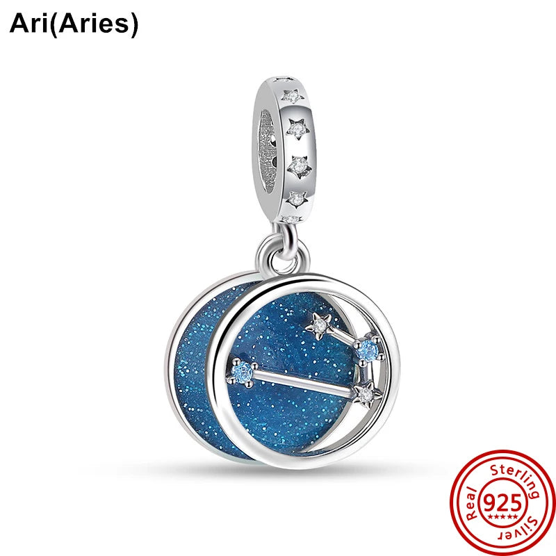 Authentic 925 Sterling Silver Sparkling Aries Leo Scorpio 12 Zodiac Signs Constellation Charm Beads Fit Pantaro Bracelet Jewelry N478