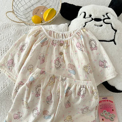 Summer New Cloud Cotton round Ne Button Sweet Cartoon Spwear Two-Piece Set Lightweight Comfortable Student Home Clothes Three kittens