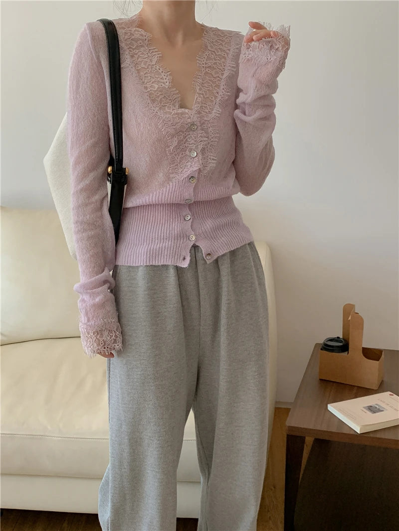 High-fashion Kawaii Botton Up Lace Patchwork Knitted Cardigan Women Autumn Winter Ladies Elegant Vintage Sweater Cheap Wholesale