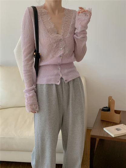 High-fashion Kawaii Botton Up Lace Patchwork Knitted Cardigan Women Autumn Winter Ladies Elegant Vintage Sweater Cheap Wholesale