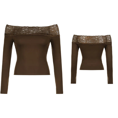 Cuteandpsycho Lace Patchwork Solid Slim Tee Shirts Long Sleeves V-neck Aesthetic Fashion Clothes Vintage Streetwear Black Tops Color6