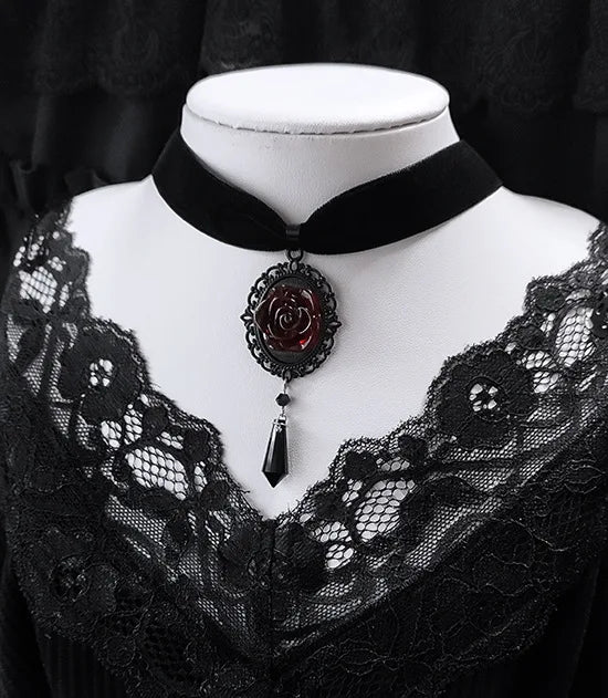 Gothic Dark Rose Cameo Choker Women Girls Halloween Pagan Witch Jewelry Accessories Gift Vintage Vampire Rose Velvet Necklace AQ-4689 CHINA