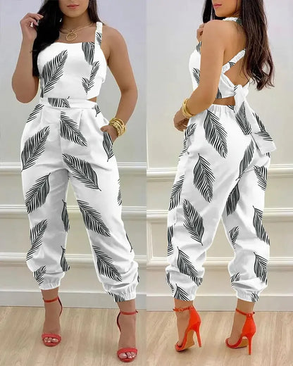 Women Printed Letter Jumpsuits Sleeveless V Neck Suspenders Backless High Waist Trousers Overall Rompers Pockets One Piece