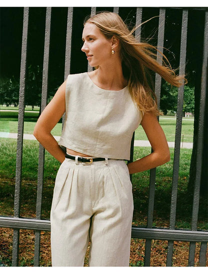 Summer New 100% Linen Sleeveless Crop Top Women's Loose Casual Solid Color Cute Tops Round Neck Minimalist Short T-Shirts