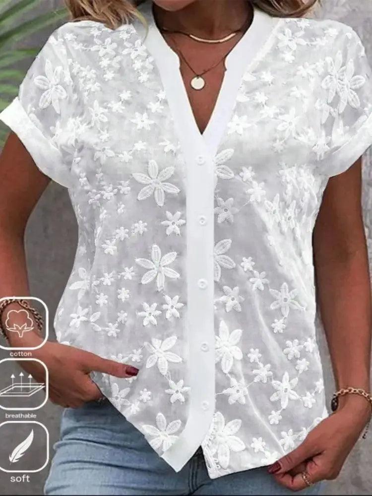 Cropped Shirt White Lace Blouse Eyelet Cut Embroidery Top Wear Hollow Out Women's Summer Clothing