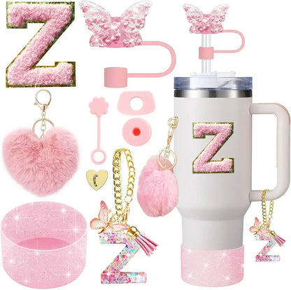 9PCS Accessory Set for Stanley Cup 30oz 40oz Butterfly Straw Cover Cap Silicone Boot Charm Initials Sticker Spill Proof Stopper Badiee Stylez