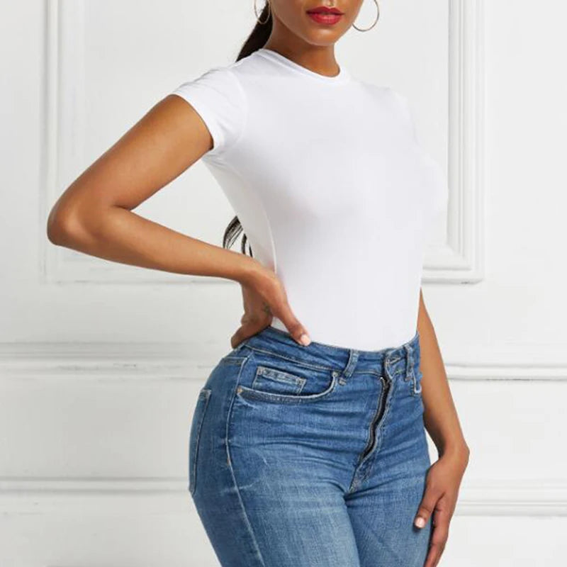 Sexy One Piece Bodycon Bodysuit Short Sleeve O Neck Open Basic White Black Red Overalls Women Body Top Skinny Rompers Female