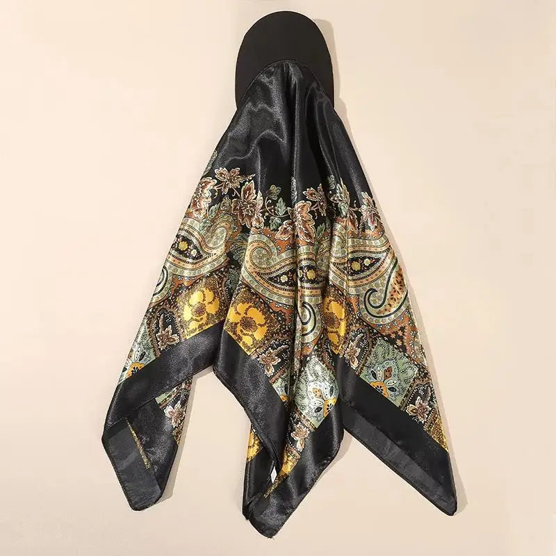 Outdoor Satin Silk Headscarf Hat with Brim 2-in-1 Sun Hat and Headband Elegant Printed Square Scarf Cap