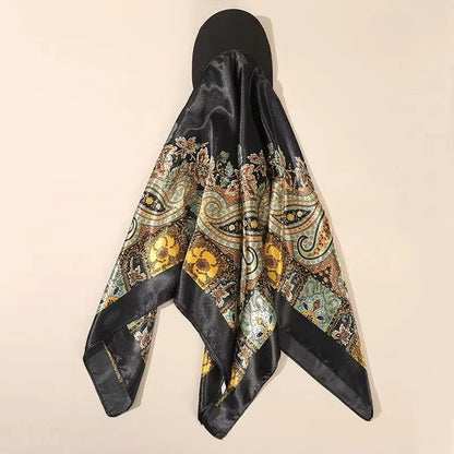 Outdoor Satin Silk Headscarf Hat with Brim 2-in-1 Sun Hat and Headband Elegant Printed Square Scarf Cap