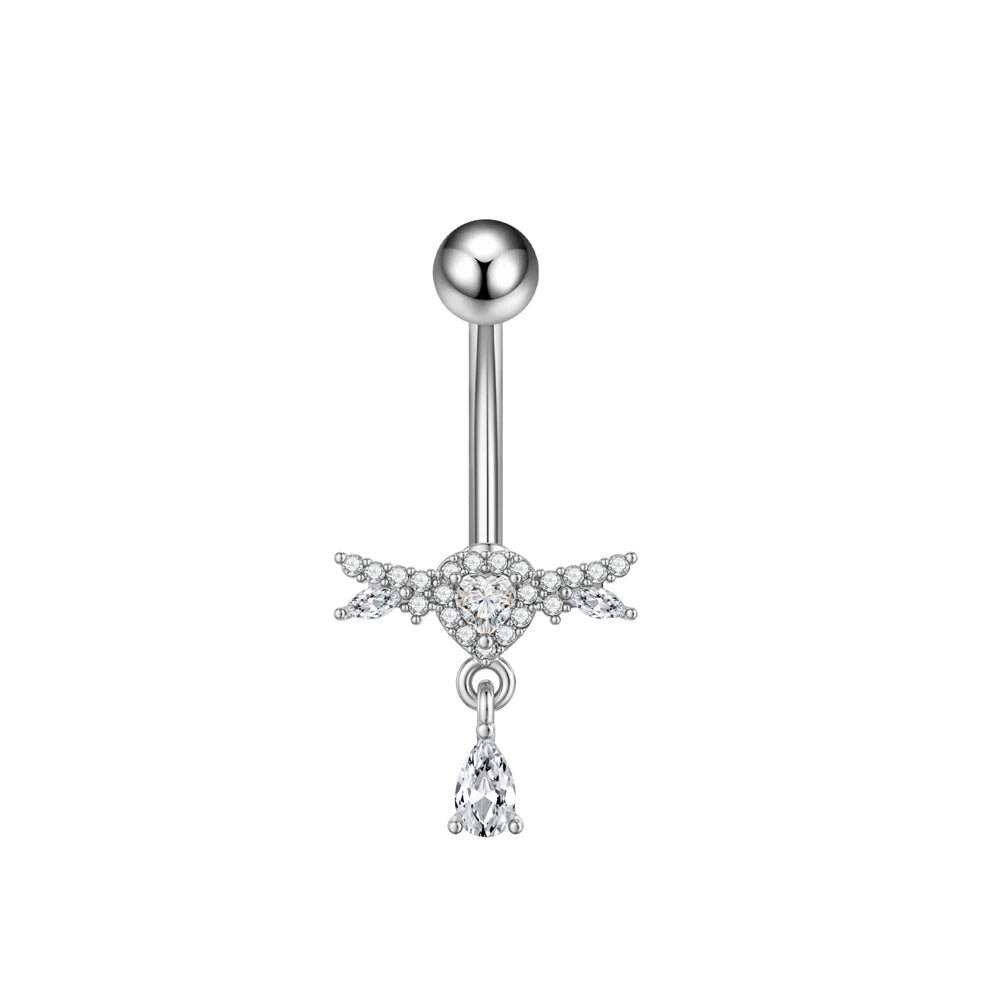 Zircon Crystal Belly Button Ring Dangle Wing Piercing Nombril Ombligo Surgical Steel Barbell Heart Round Navel Stud Body Jewelry 3210-SR