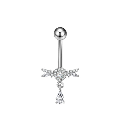 Zircon Crystal Belly Button Ring Dangle Wing Piercing Nombril Ombligo Surgical Steel Barbell Heart Round Navel Stud Body Jewelry 3210-SR