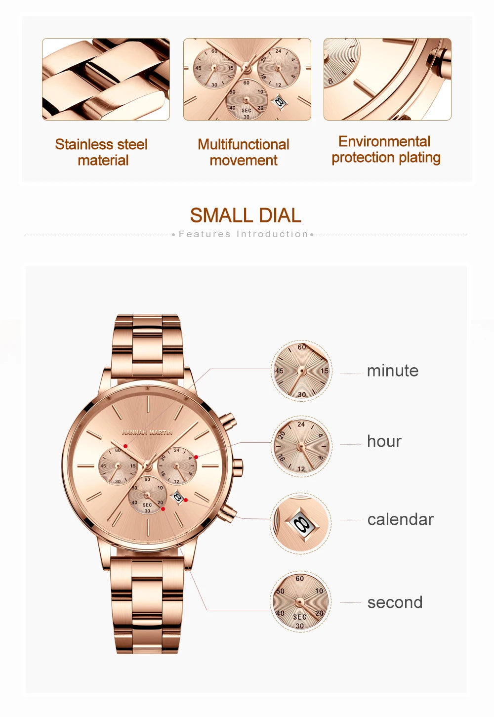 HANNAH MARTIN Brand Women Multifunctional Watch Original Stainless Steel Rose Gold 36mm Quartz Movement Casual Banquet Wristatch