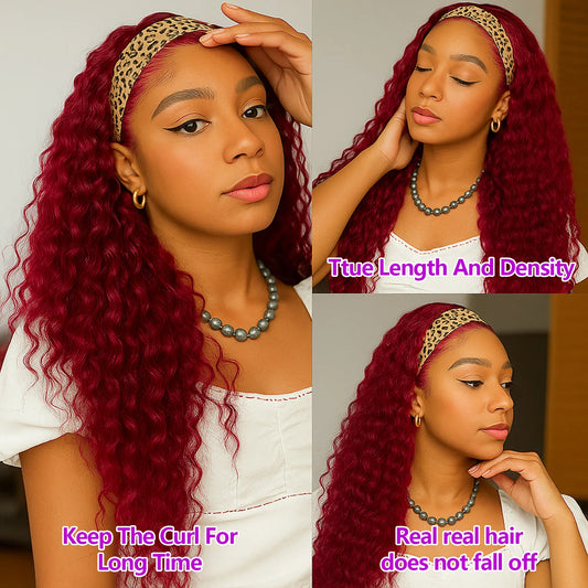 200% Density Headband Reddish Brown Wig Human Hair Ginger Deep Wave Burgundy 99J Curly Water Wave Glueless Wigs Clearance Sale