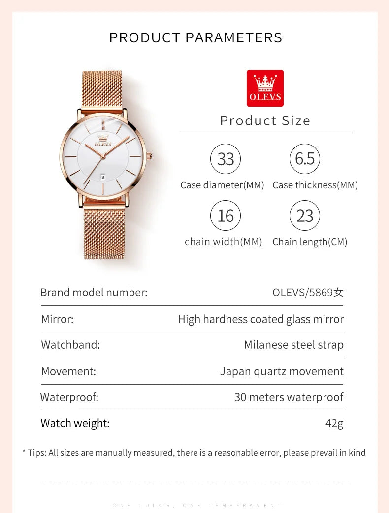 OLEVS Watch For Women Japan Quartz Movement 6.5mm Case Thickness Waterproof Ladies Hand Clock Calendar Fashion Dress Wrist Watch