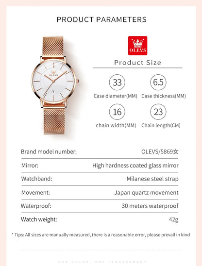 OLEVS Watch For Women Japan Quartz Movement 6.5mm Case Thickness Waterproof Ladies Hand Clock Calendar Fashion Dress Wrist Watch
