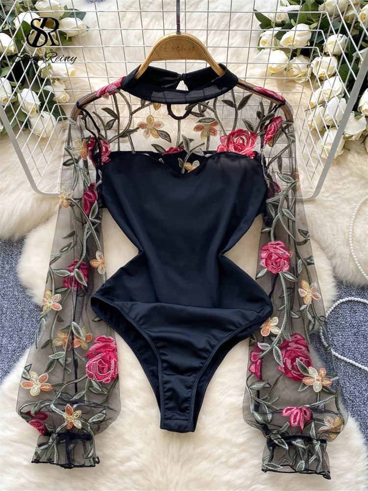 SINGREINY Vintage Embroidery Gauze Sexy Bodysuits Stand Collar Long Sleeve Playsuits Fashion Spliced Women Open crotch Rompers black