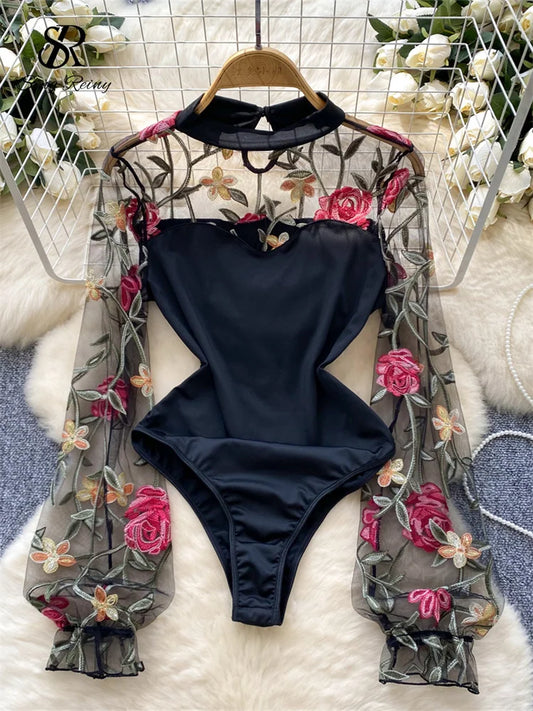 SINGREINY Vintage Embroidery Gauze Sexy Bodysuits Stand Collar Long Sleeve Playsuits Fashion Spliced Women Open crotch Rompers black