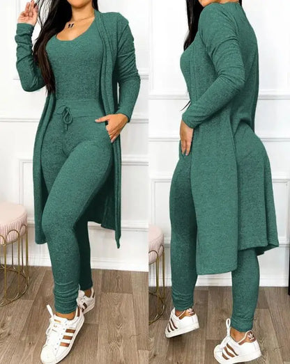 Two Piece Set Women Outfit 2023 Spring Fashion Drawstring Pocket Design U-Neck Sleeveless Skinny Jumpsuit & Long Sleeve Coat Set C