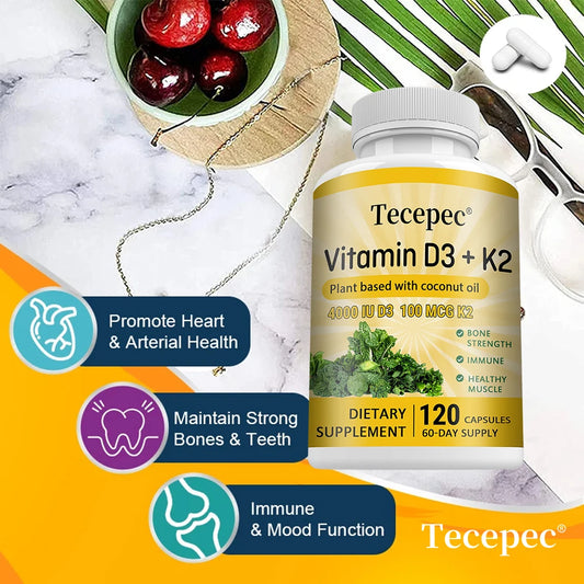 Vitamin K2 (MK7) with D3 Supplement Non-GMO Dietary Supplement for Bone, Teeth, Muscle and Immune Health Support - 120 Capsules