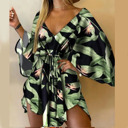 Women Print Dress Sexy V-Neck Bat Sleeve Ruffl Flowers Print Bohemian Beach Sundress Ladies Loose Summer Vacation Mini Dresses green
