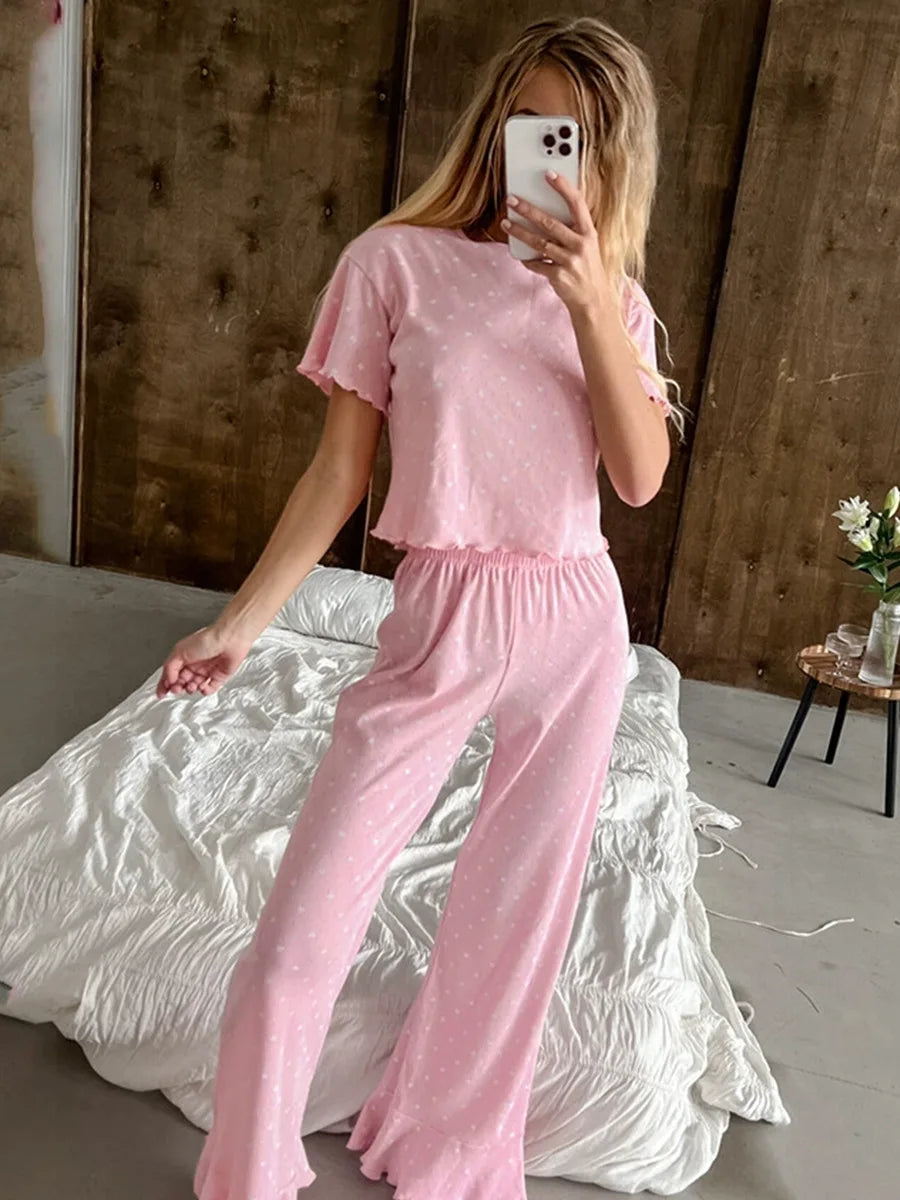 Muzuleva New Fashion Love-Printed Short-Sleeved Pants Pajama Set Women's Summer Pink Sleepwear Loose Casual 2-Piece Set
