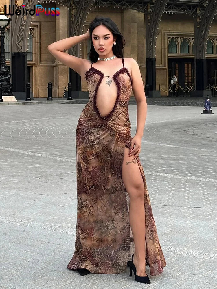 Weird Puss Side Split Women Dress Spaghetti Strap Halter Neck Edible Tree Fungus Hollow Out Sexy Evening Party Ladies Vestido